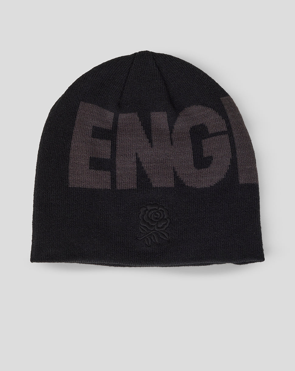 Black beanie with 'ENGLAND' text on a light gray background