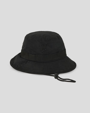 Black bucket hat with a brand logo on a light gray background