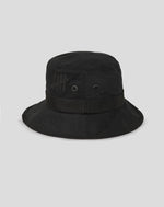 Black bucket hat with a brand logo on a light gray background