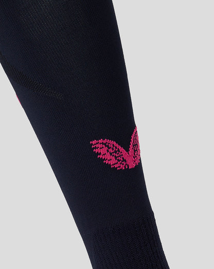 Black sock with a pink logo on a light gray background