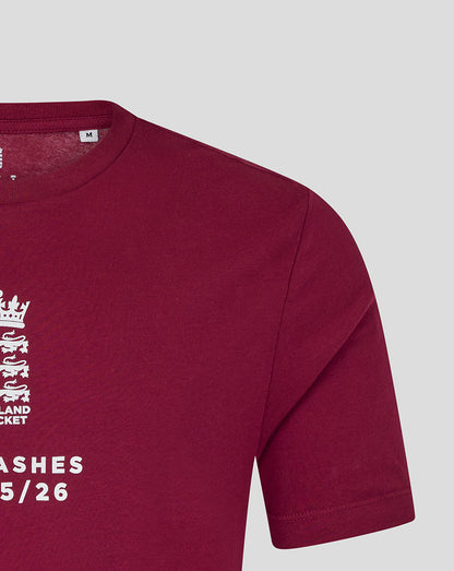 England Cricket Unisex 25/26 Essentials Ashes T-Shirt - Burgundy