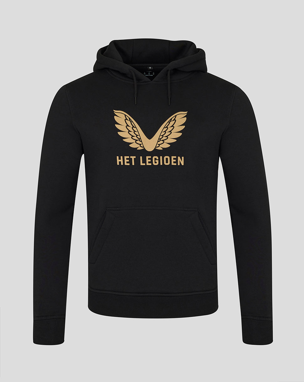 Front view of black Feyenoord Twelfth Hooded Sweatshirt with gold wing emblem and Het Legioen text