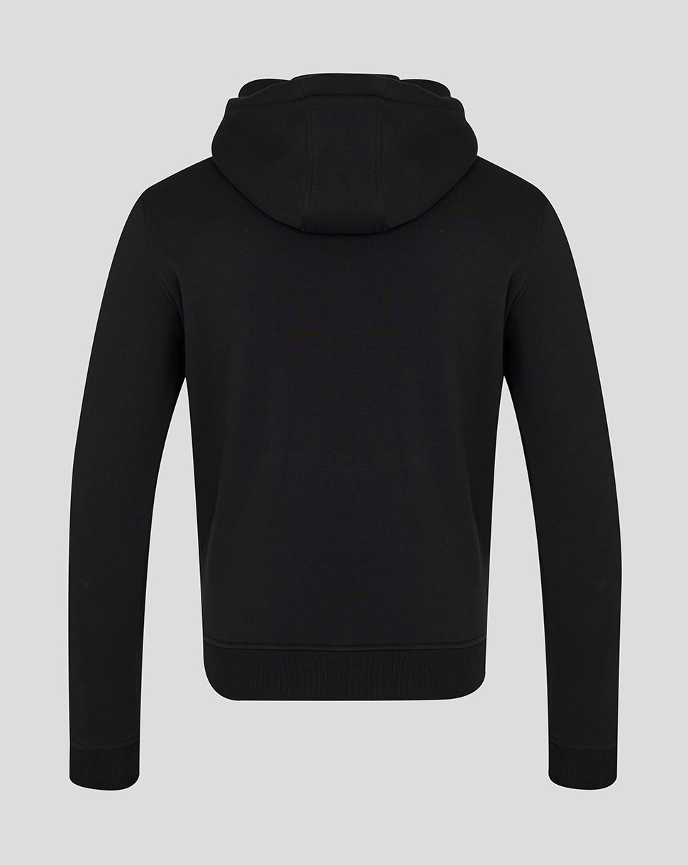 Back view of black Feyenoord Twelfth Hooded Sweatshirt with hood up and plain back