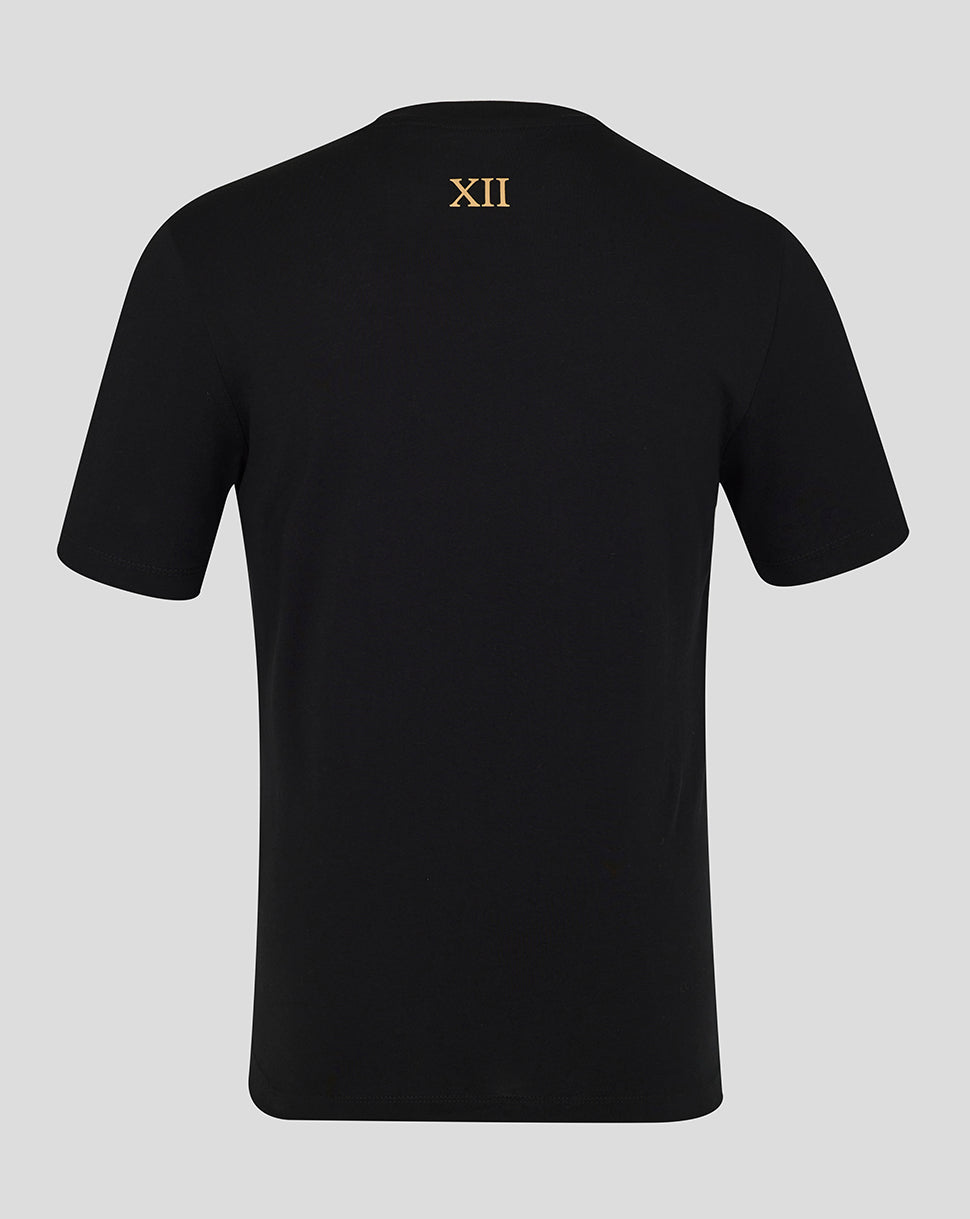 Back view of black Feyenoord Twelfth shirt with gold XII roman numeral on the upper back