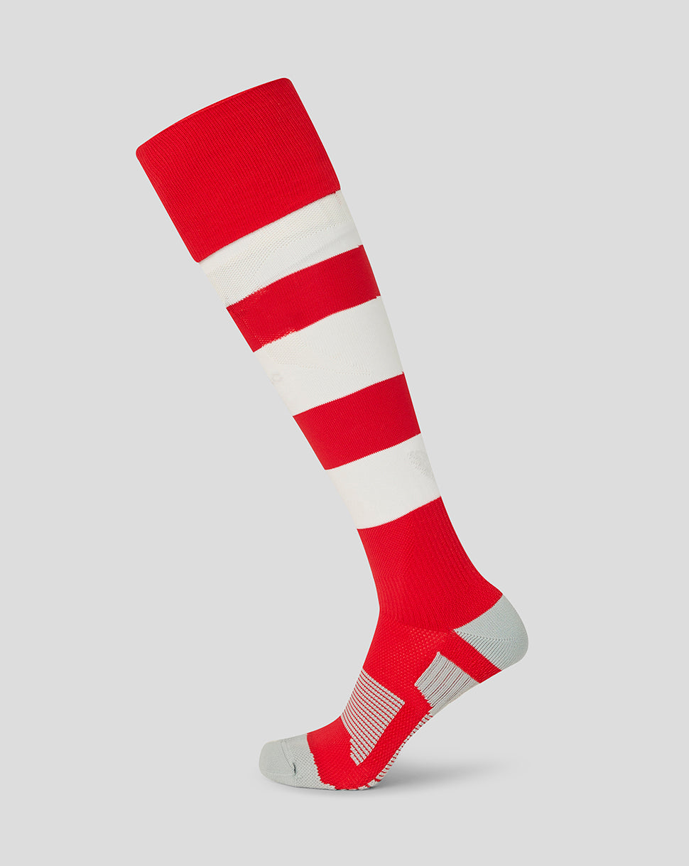 Knee-high sock with bold red and white horizontal stripes, red cuff, and grey heel.