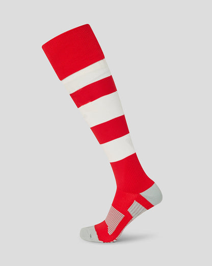 Knee-high sock with bold red and white horizontal stripes, red cuff, and grey heel.
