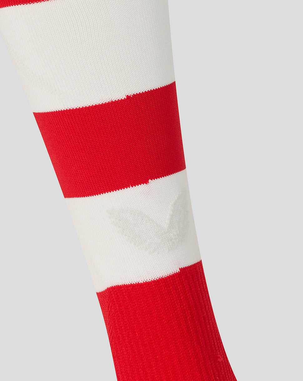 Close-up of red and white striped retro sock showing knit texture and reinforced heel.