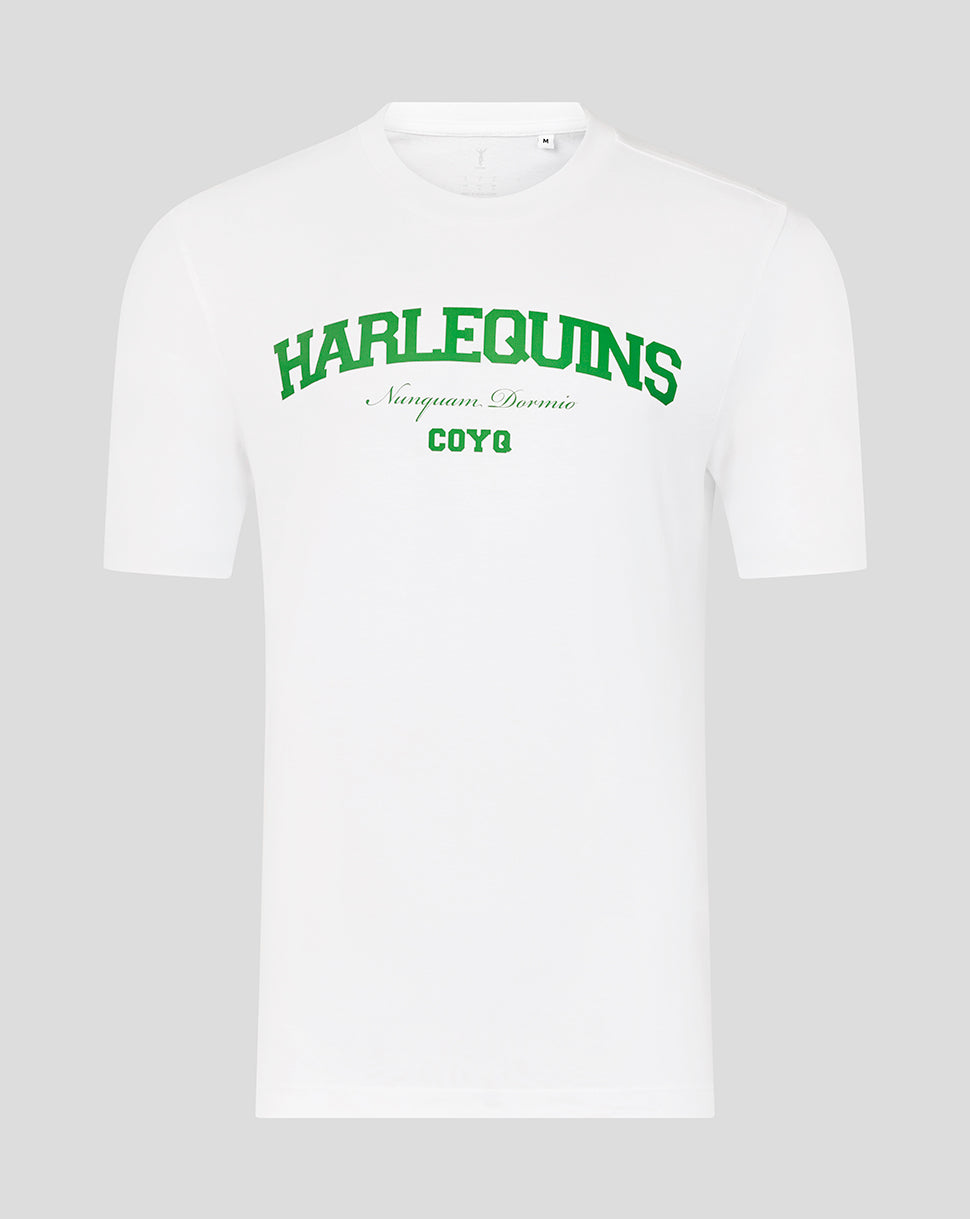 White t-shirt with green text 'Harlequins' on a light gray background