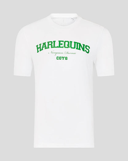 White t-shirt with green text 'Harlequins' on a light gray background