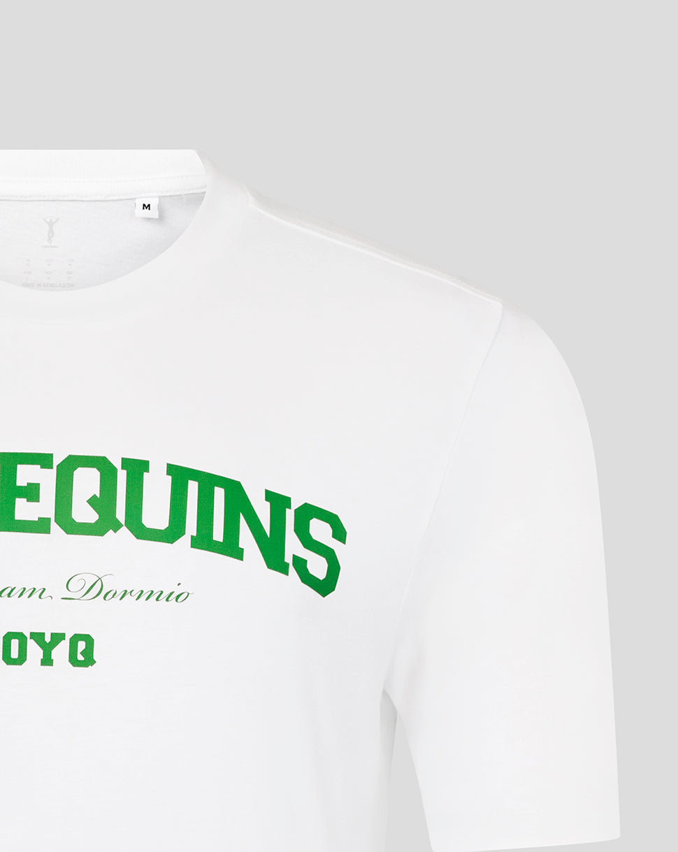 White t-shirt with green text on a light gray background