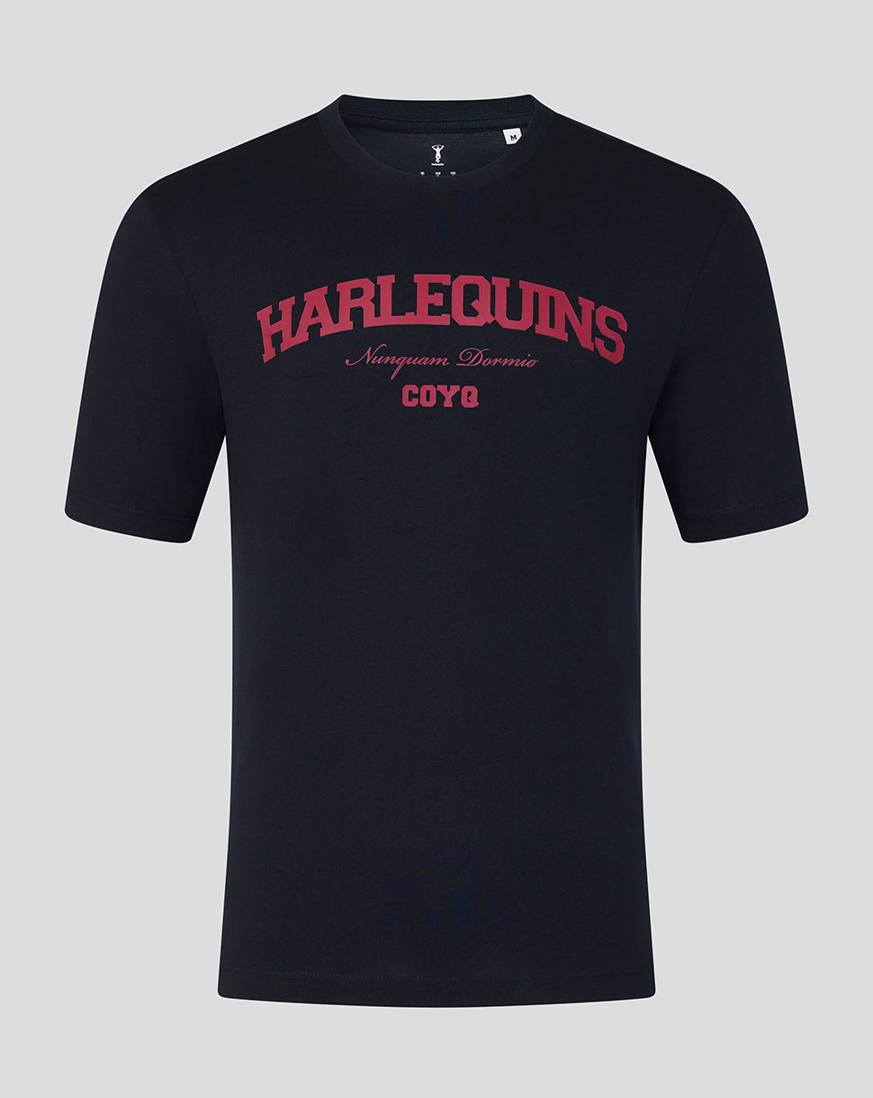 Black t-shirt with red 'Harlequins' text on a gray background