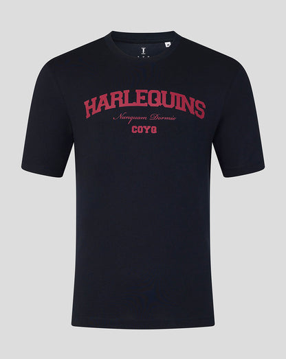 Black t-shirt with red 'Harlequins' text on a gray background
