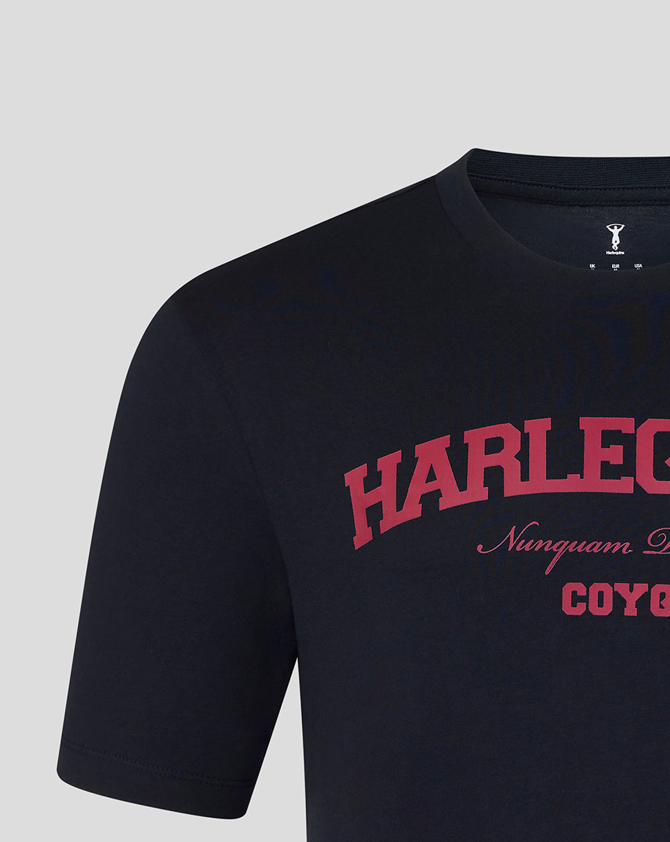 Black t-shirt with red 'Harlequins' text on a gray background