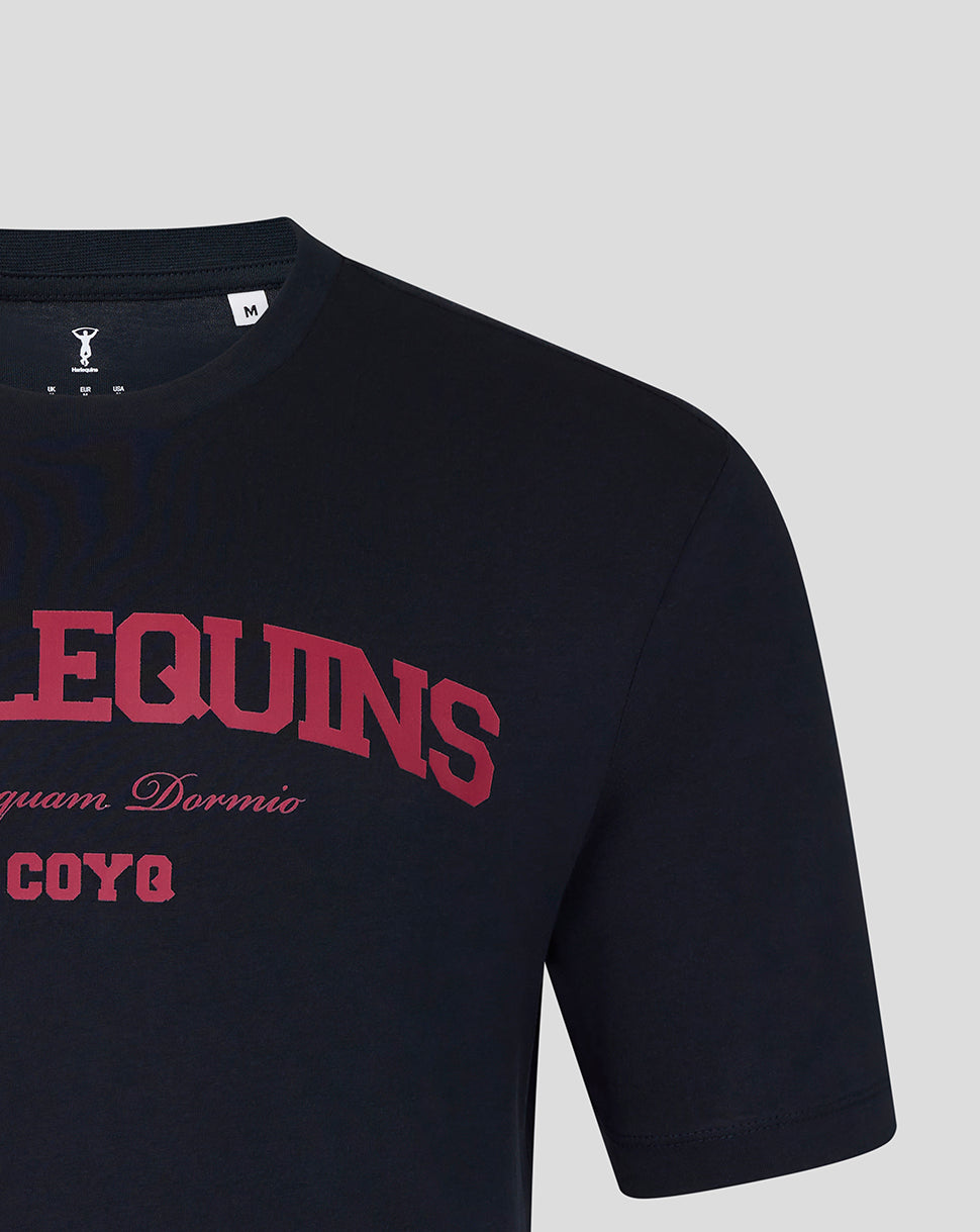 Black t-shirt with red text on a gray background