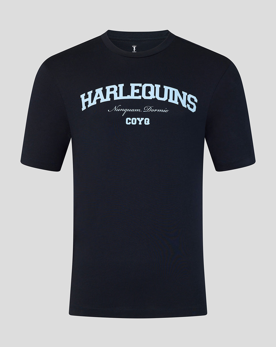 Black t-shirt with 'Harlequins' text on a gray background