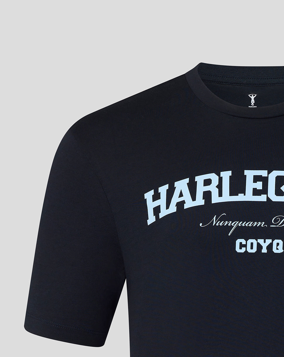 Black t-shirt with white text on a gray background