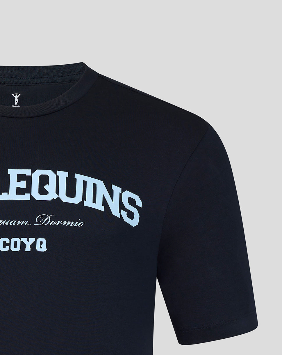 Black t-shirt with white text on a gray background