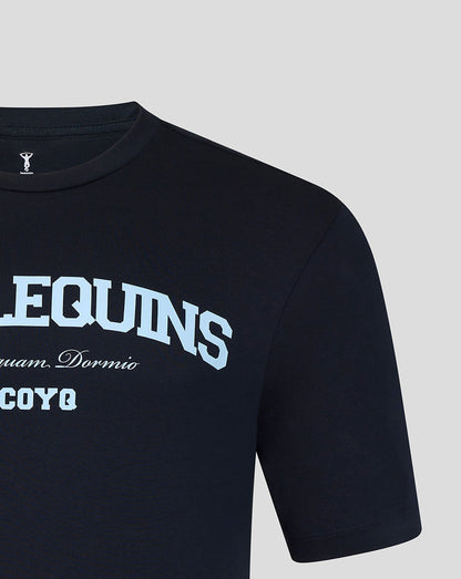 Black t-shirt with white text on a gray background