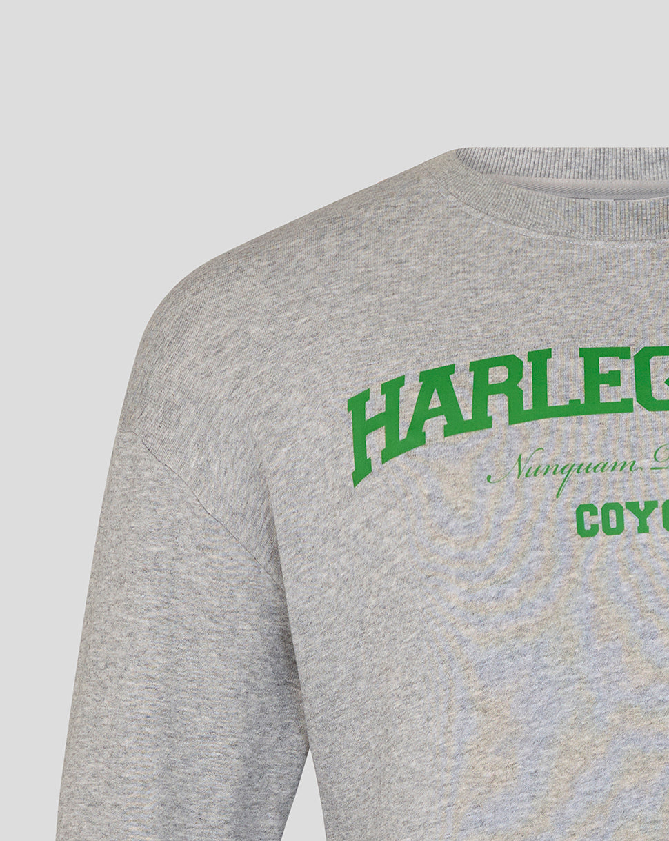 Gray sweatshirt with green 'Harlequins' text on a light gray background