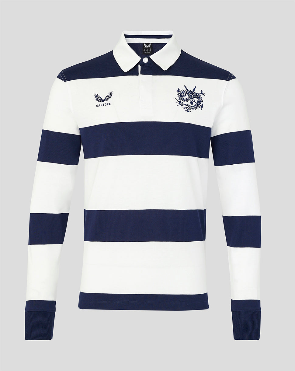 White and navy striped long-sleeve rugby shirt with brand logos on a gray background