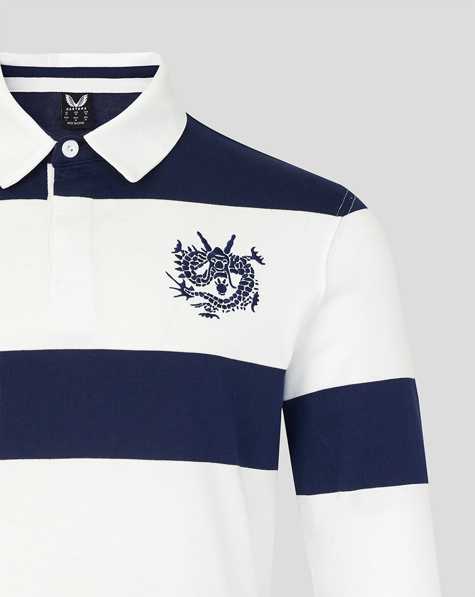 White and navy striped polo shirt with a logo on a light gray background