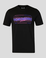 Black t-shirt with colorful 'Hong Kong Seven' text on a gray background