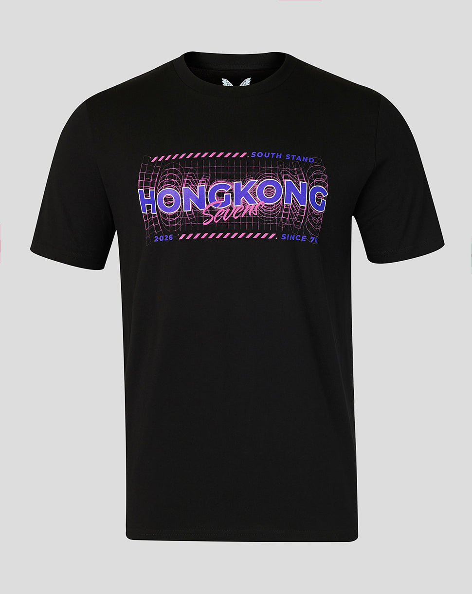 Black t-shirt with colorful 'Hong Kong Seven' text on a gray background