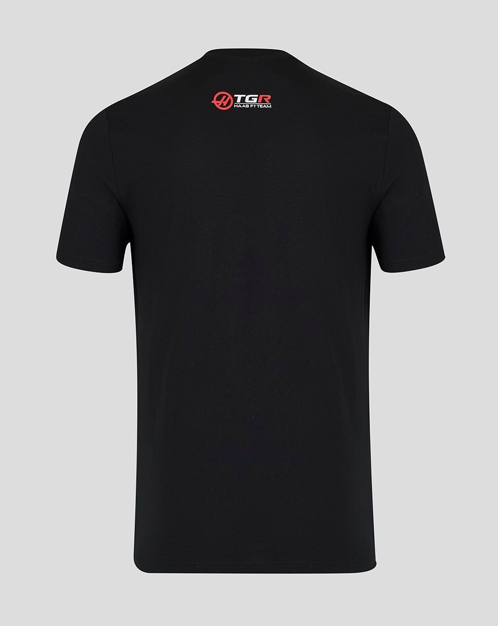 Black t-shirt with a logo on the back against a gray background