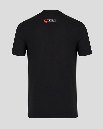 Black t-shirt with a logo on the back against a gray background