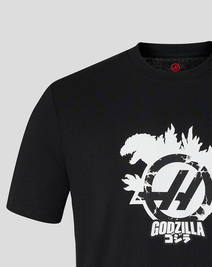 Black t-shirt with Godzilla logo on a gray background