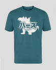 Teal t-shirt with Godzilla graphic on a gray background