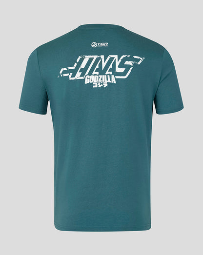 Teal t-shirt with 'HAAS GODZILLA' text on the back against a gray background
