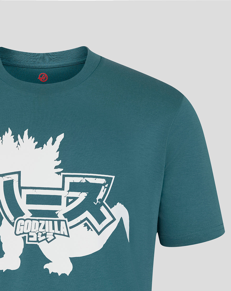 Teal t-shirt with Godzilla graphic on a light gray background