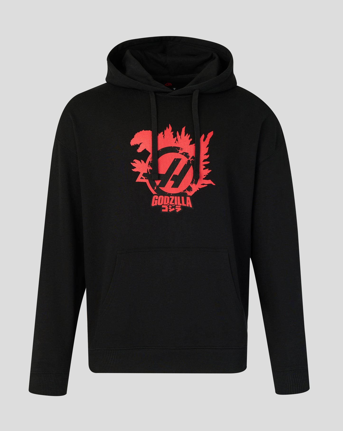 Black hoodie with red 'Godzilla' logo on a gray background