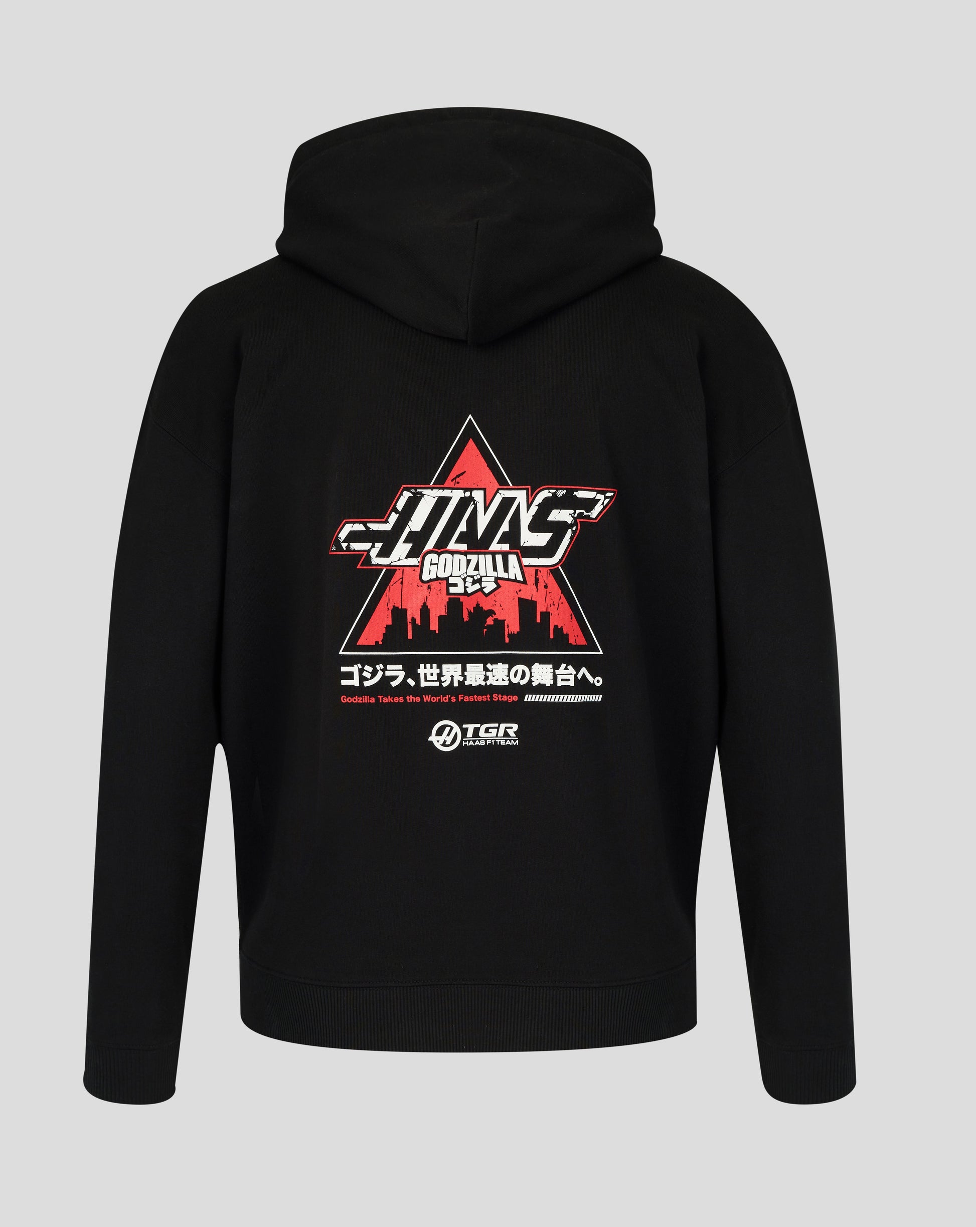 Black hoodie with a graphic design on the back against a gray background