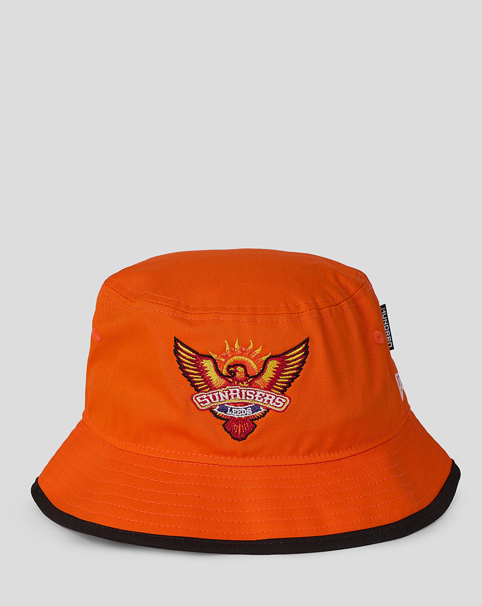 Bright orange Sunrisers Leeds New Era bucket hat with embroidered crest on the front and a black brim edge