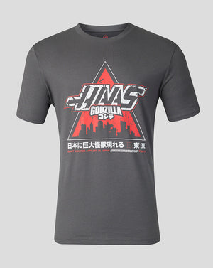 Unisex Godzilla Comic X Haas T-Shirt in black with bold graphic of Godzilla over a red triangle and city skyline.