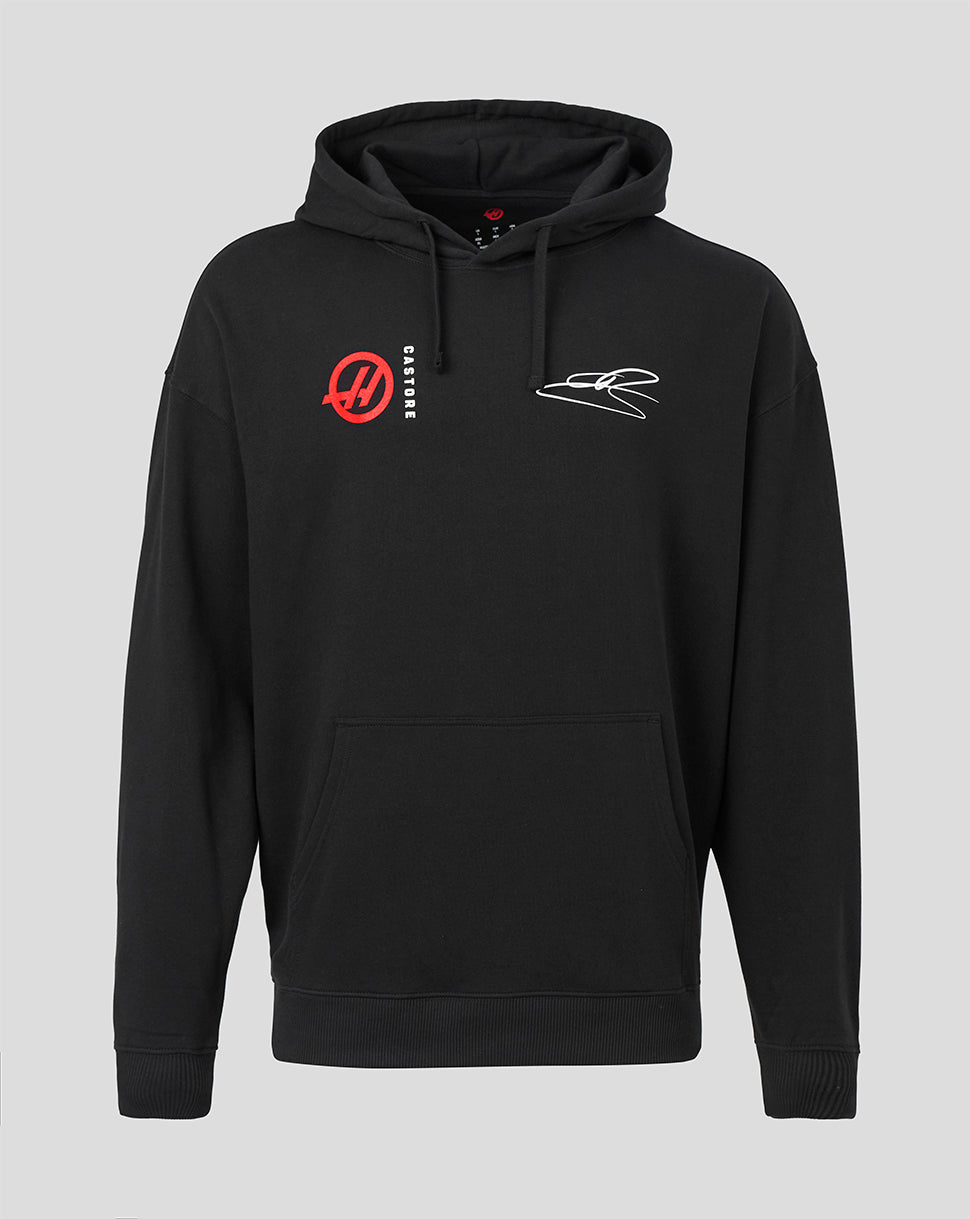A black pullover hoodie with a red circular logo and white graphic on the left chest, displayed against a solid light gray background.