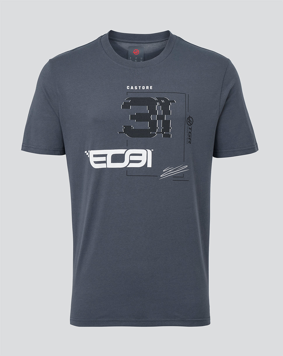 A dark slate blue crewneck t-shirt with a graphic print on the front featuring the number 31, 'CASTORE' text, and 'EDSI' branding, displayed against a solid light gray background.