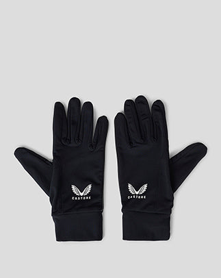 Pair of black unisex gloves with white logo on the back