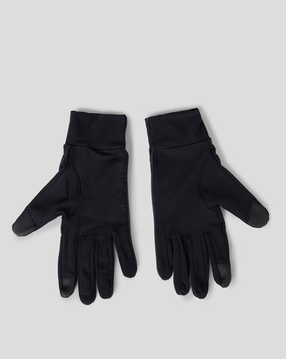 Close-up of black unisex gloves with a white wing logo on the cuff
