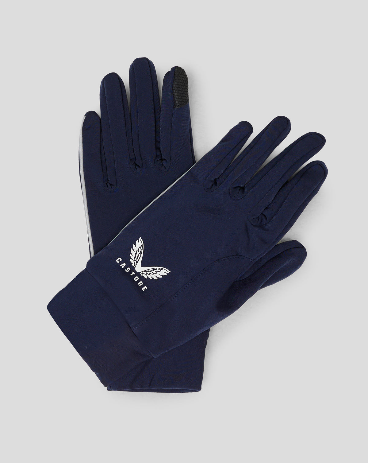 Navy performance gloves with touchscreen fingertips folded cuff and Castore logo.