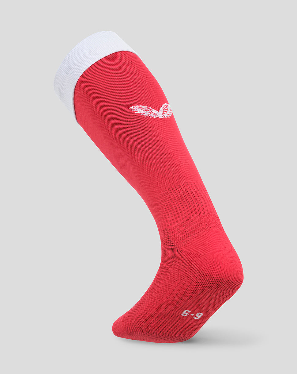 Red Sevilla away sock with white top cuff and white wing logo.
