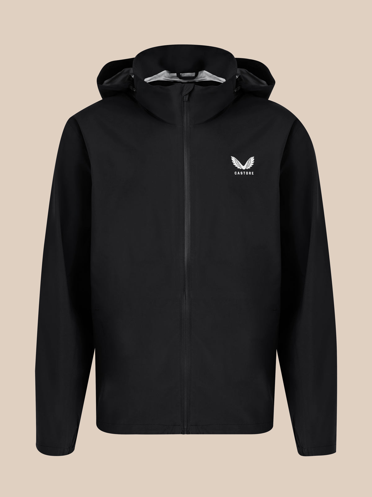 Front view of black unisex waterproof jacket with hood down and small white logo on chest