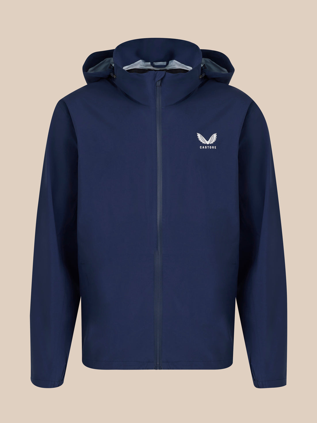 Front view of navy unisex waterproof jacket with hood and Castore logo on the chest