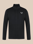 Close up of black unisex softshell jacket with front zipper, high neck collar, and white Castore wing logo on the left chest