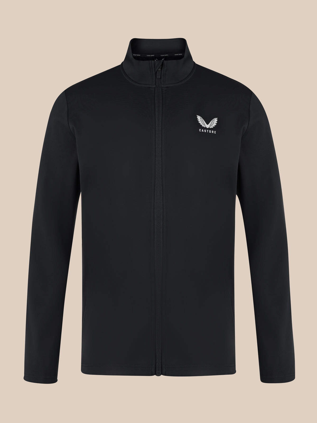 Close up of black unisex softshell jacket with front zipper, high neck collar, and white Castore wing logo on the left chest