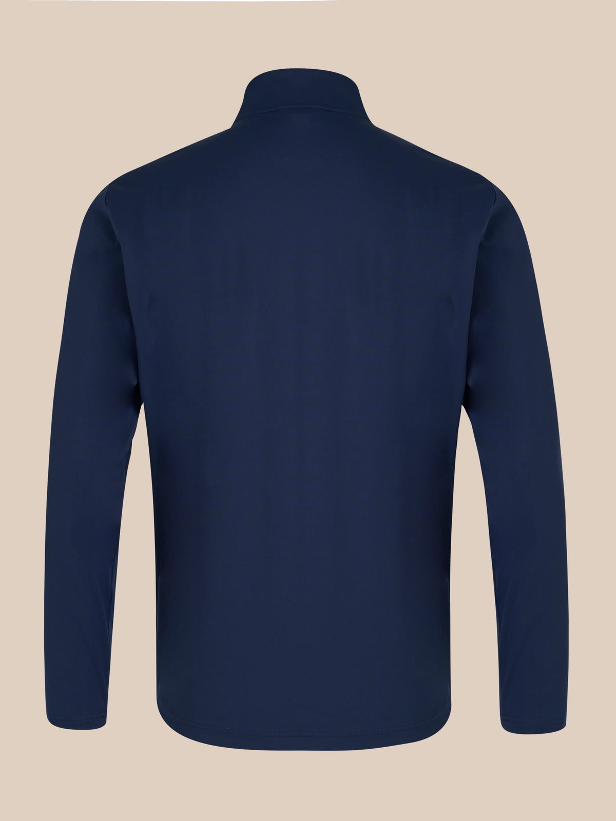 Navy unisex softshell jacket shown from the back with a high neck collar and minimal branding.