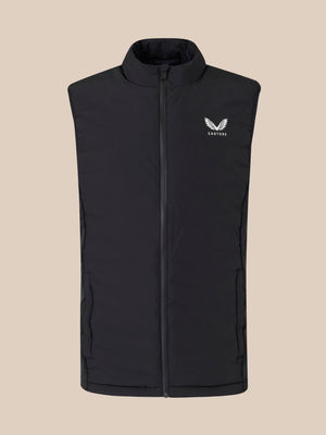 Black padded gilet with high collar and logo on the chest