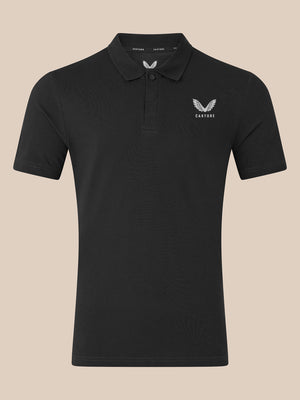 Black unisex cotton polo with embroidered winged CASTORE logo on the left chest and ribbed collar